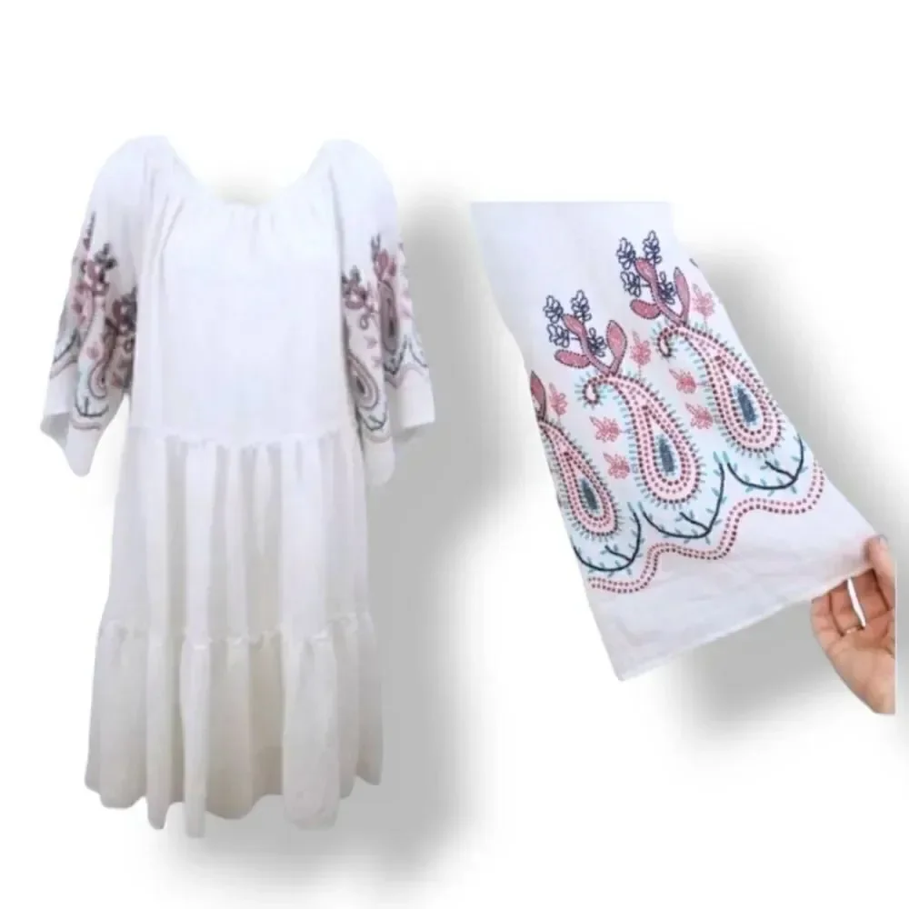 NEW Indigo Rose Textured Paisley Boho Off The Shoulder Dress in White Size Small
